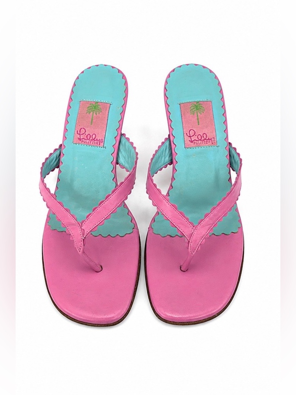 Y2K Lilly Pulitzer Pink Turquoise Leather Kitten Heel Flip Flop Sandals